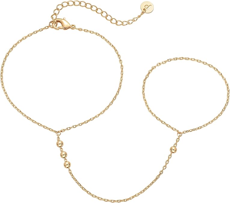 14K Gold Plated Hand Chains for Women - Adjustable Hand Chain Bracelet and Ring - Trendy Gold Handchain Bracelet Stack Summer Jewelry - Beads, Pearl, and Cubic Zirconia Body Jewelry